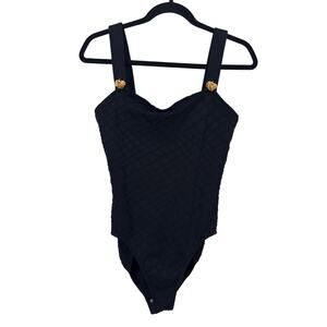 Mainstream One Piece Swimsuit Size 12 Black Vintage Diamond Lattice Shell Charm